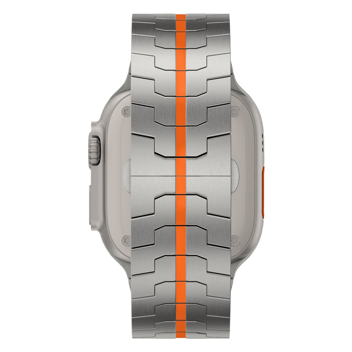 Eine Nahaufnahme des arktisband Apple Watch TITAN Armbands „Aviato Edition“ in Silber mit einem markanten orangefarbenen Mittelstreifen, befestigt an einem Apple Watch-Gehäuse und von der Rückseite gezeigt.