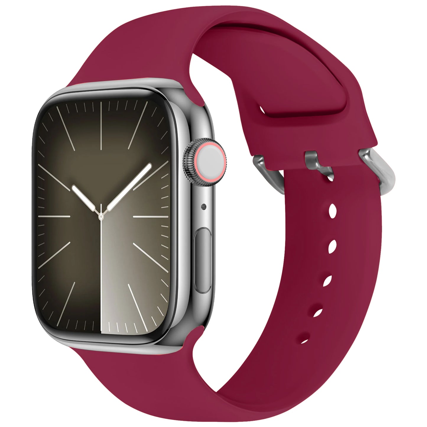 Das arktisband Apple Watch Silikonarmband „Aqua“ verfügt über ein rechteckiges Display mit analoger Uhr, ein kastanienbraunes, sportliches Silikonarmband von arktisband, ein silbernes Gehäuse und einen seitlichen Knopf mit einem roten Ring.