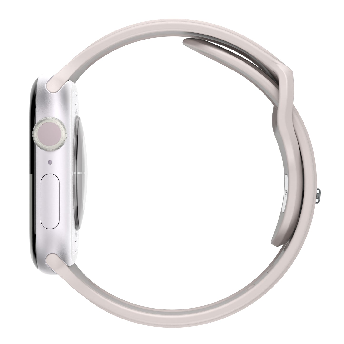 Seitenansicht des arktisband Apple Watch Armbands "Skandi" mit rundem beigem Fluorelastomer-Band und silbernem Gehäuse im Skandi Design von arktisband auf weißem Hintergrund.