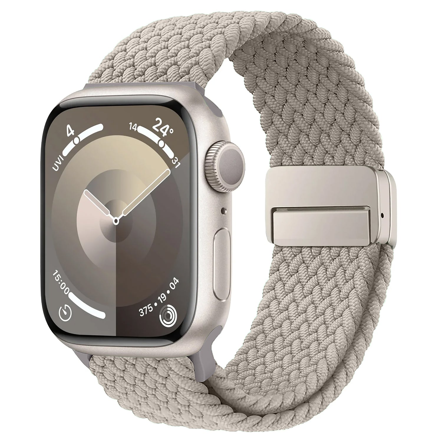 Das arktisband Geflochtene Apple Watch Armband „Casual“ mit Magnetverschluss ist ein modernes gewebtes beiges Band für Ihre Apple Watch, das die runde Digitalanzeige mit Uhrzeit und UV-Index ergänzt.