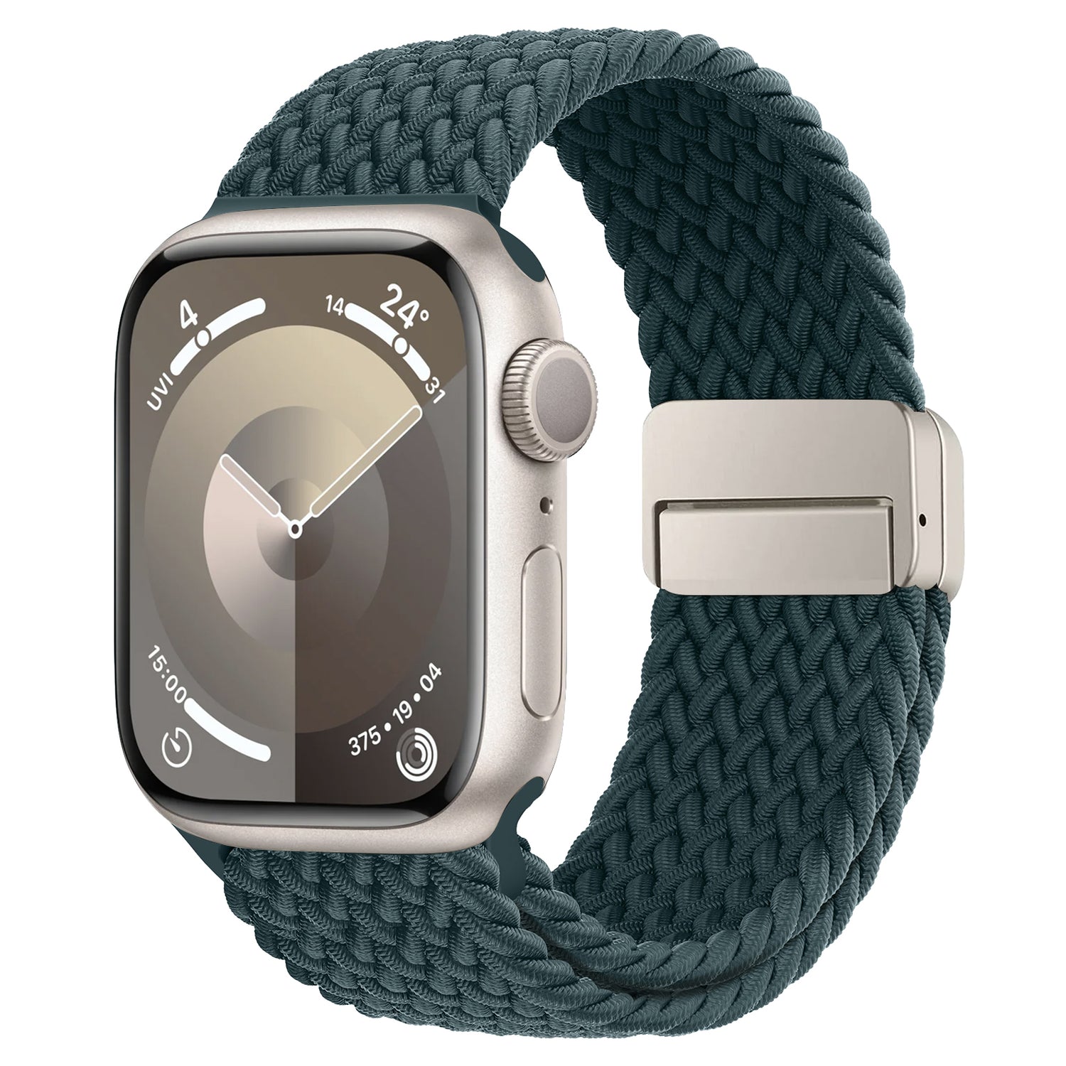 Eine stylische Apple Watch mit dem arktisband Geflochtenen Armband „Casual“ von arktisband in Marineblau, mit Magnetverschluss und runder Digitalanzeige, die Uhrzeit und UV-Index anzeigt.