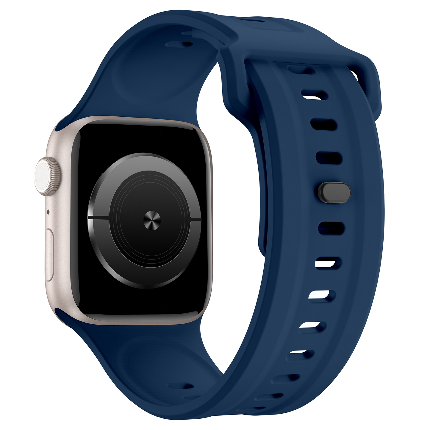 Das arktisband Apple Watch FKM Sportarmband „Sweat“ ist ein blaues, strapazierfähiges und elastisches Armband aus Fluorelastomer mit Metallstiftverschluss, seitlichem Knopfzugang und Kronenkompatibilität – perfekt für Ihre rechteckige Apple Watch.