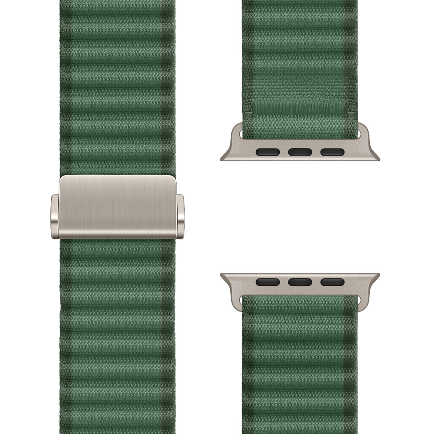 Das arktisband Apple Watch Nylonarmband „Venture“ besticht durch sein grünes Wellendesign mit silbernen Anschlüssen und Verschluss. In drei Ansichten auf weißem Hintergrund – ideal für dein nächstes Abenteuer.