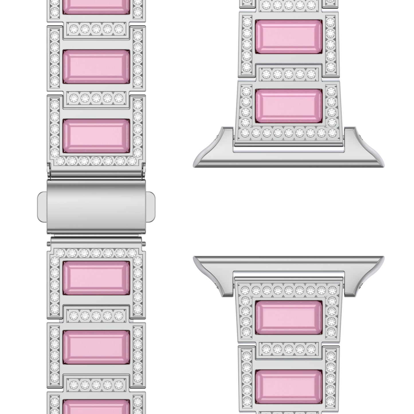 Nahaufnahme des arktisband Apple Watch Gliederarmband „Senorita“ mit rosa Kunstharz-Mittelstücken und Strassstein-Besatz, dargestellt aus mehreren Blickwinkeln mit Band und Anschlüssen auf weißem Hintergrund.