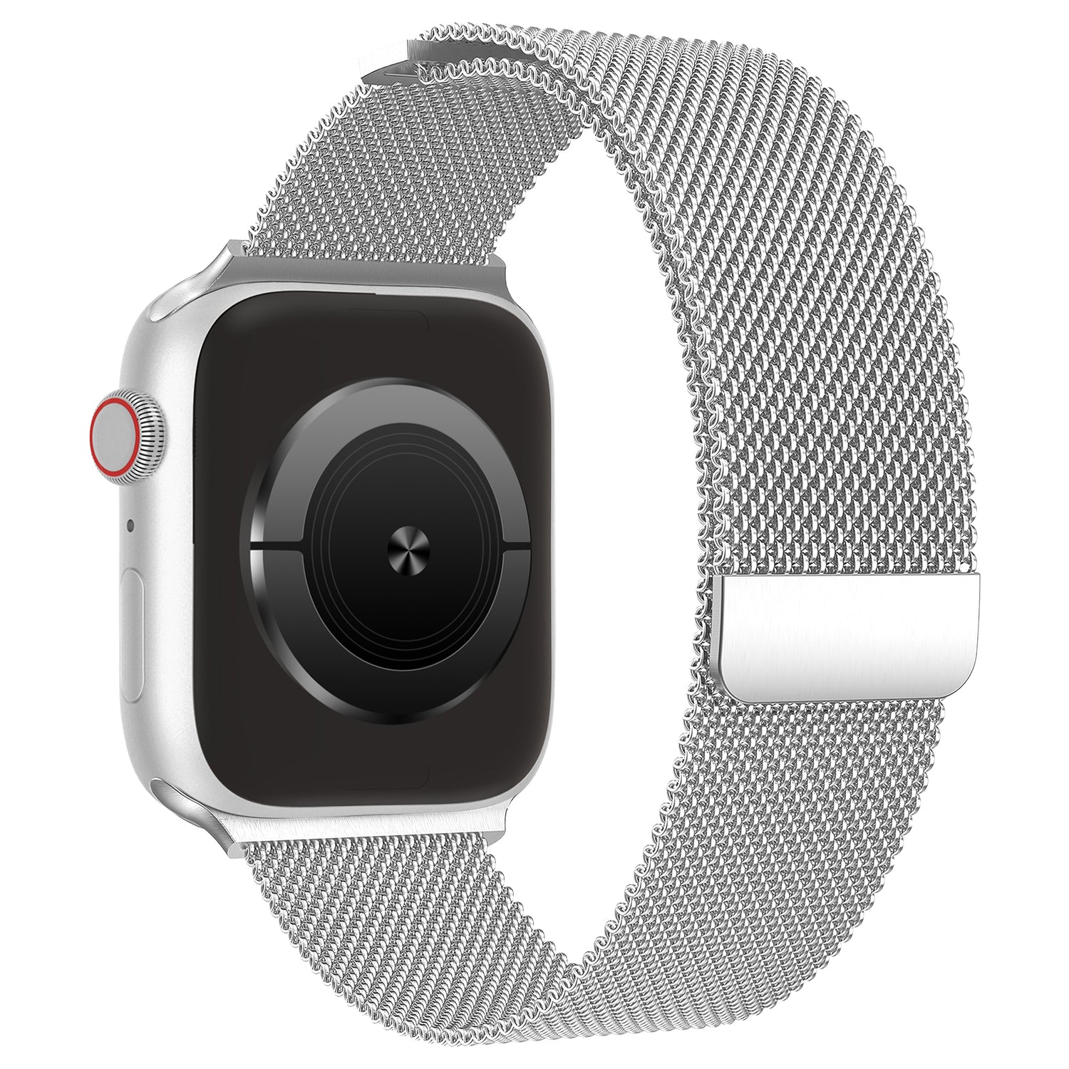 Ein Arktisband Apple Watch Milanaise Loop Armband in Silber wird auf einer Apple Watch mit schwarzem Bildschirm auf weißem Hintergrund angezeigt, wobei die digitale Krone auf der linken Seite sichtbar ist.