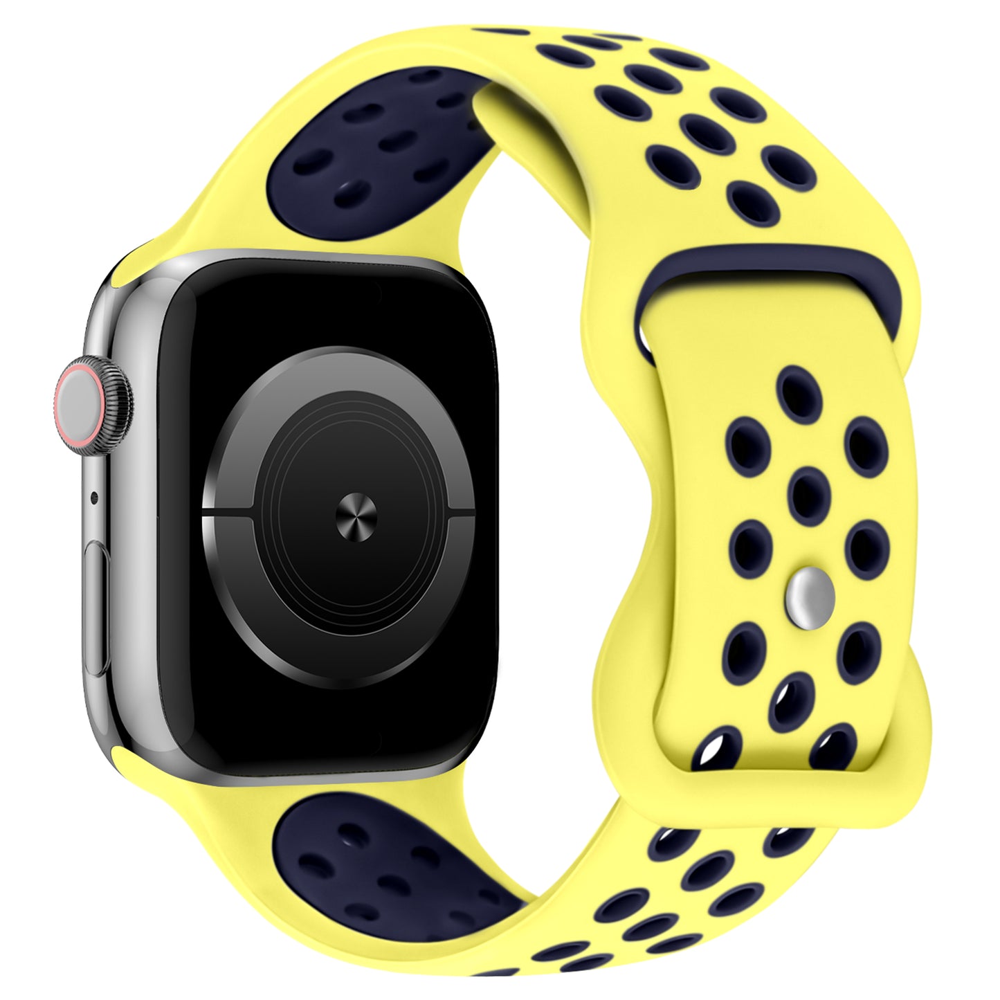 Das arktisband Apple Watch Silikonarmband "Energy" verfügt über ein gelbes Sportarmband mit zwei Reihen schwarzer Belüftungslöcher, gepaart mit einem silbernen Gehäuse und einer rot akzentuierten Krone. Die Uhr zeigt ein leeres schwarzes Display.