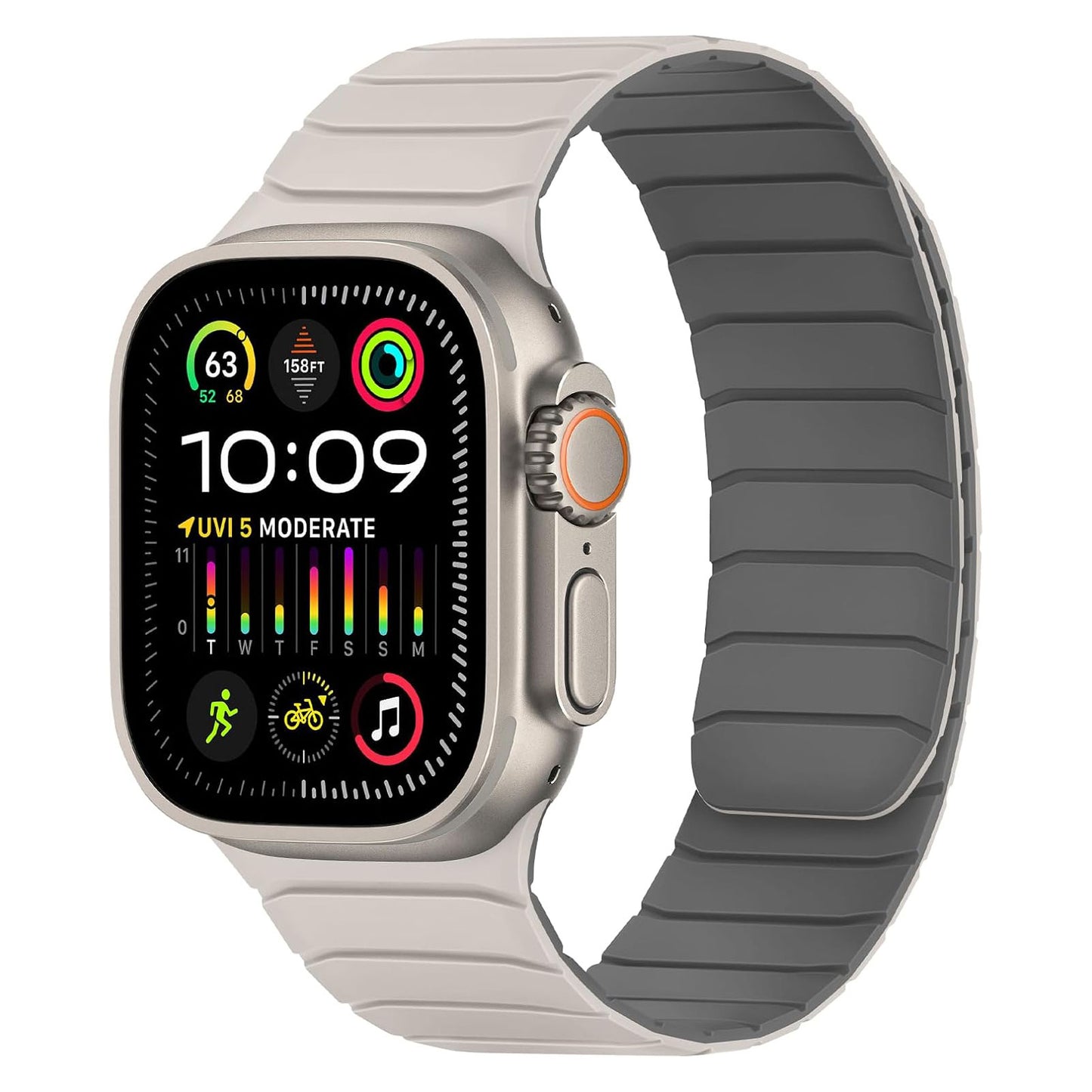 Das magnetische Armband „MagFlow“ für die Apple Watch aus hellgrauem Silikon bietet sicheren magnetischen Halt und ermöglicht Ihnen die Verfolgung von Gesundheits- und Aktivitätsstatistiken auf dem lebendigen Display der Apple Watch.