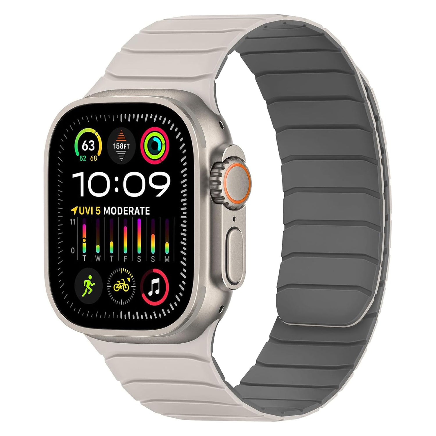 Das magnetische Armband „MagFlow“ für die Apple Watch aus hellgrauem Silikon bietet sicheren magnetischen Halt und ermöglicht Ihnen die Verfolgung von Gesundheits- und Aktivitätsstatistiken auf dem lebendigen Display der Apple Watch.