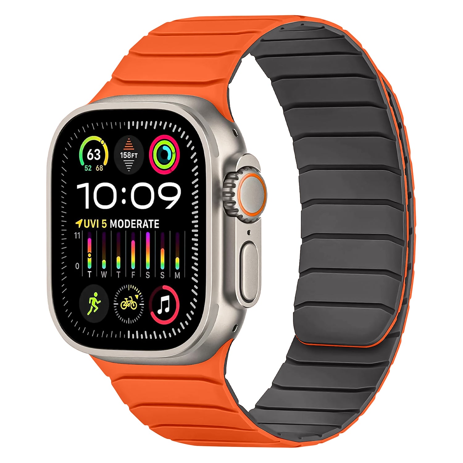 Eine rechteckige Smartwatch mit dem magnetischen Armband „MagFlow“ von arktisband für die Apple Watch in Orange und Grau. Das Display zeigt 10:09 Uhr an und zeigt farbenfrohe Fitness- und Aktivitätsstatistiken. Marke: arktisband.