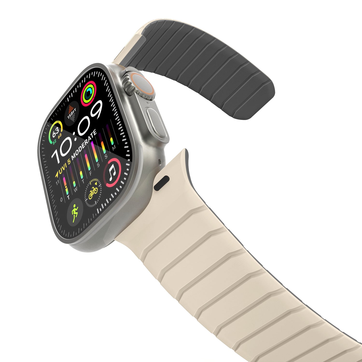 Das magnetische Armband „MagFlow“ für die Apple Watch von Arktisband besteht aus einem beigefarbenen Silikonband mit Rillen und magnetischem Halt. So sitzt deine Apple Watch den ganzen Tag sicher und bequem. Das farbige Display zeigt Uhrzeit, Aktivität und App-Symbole an.