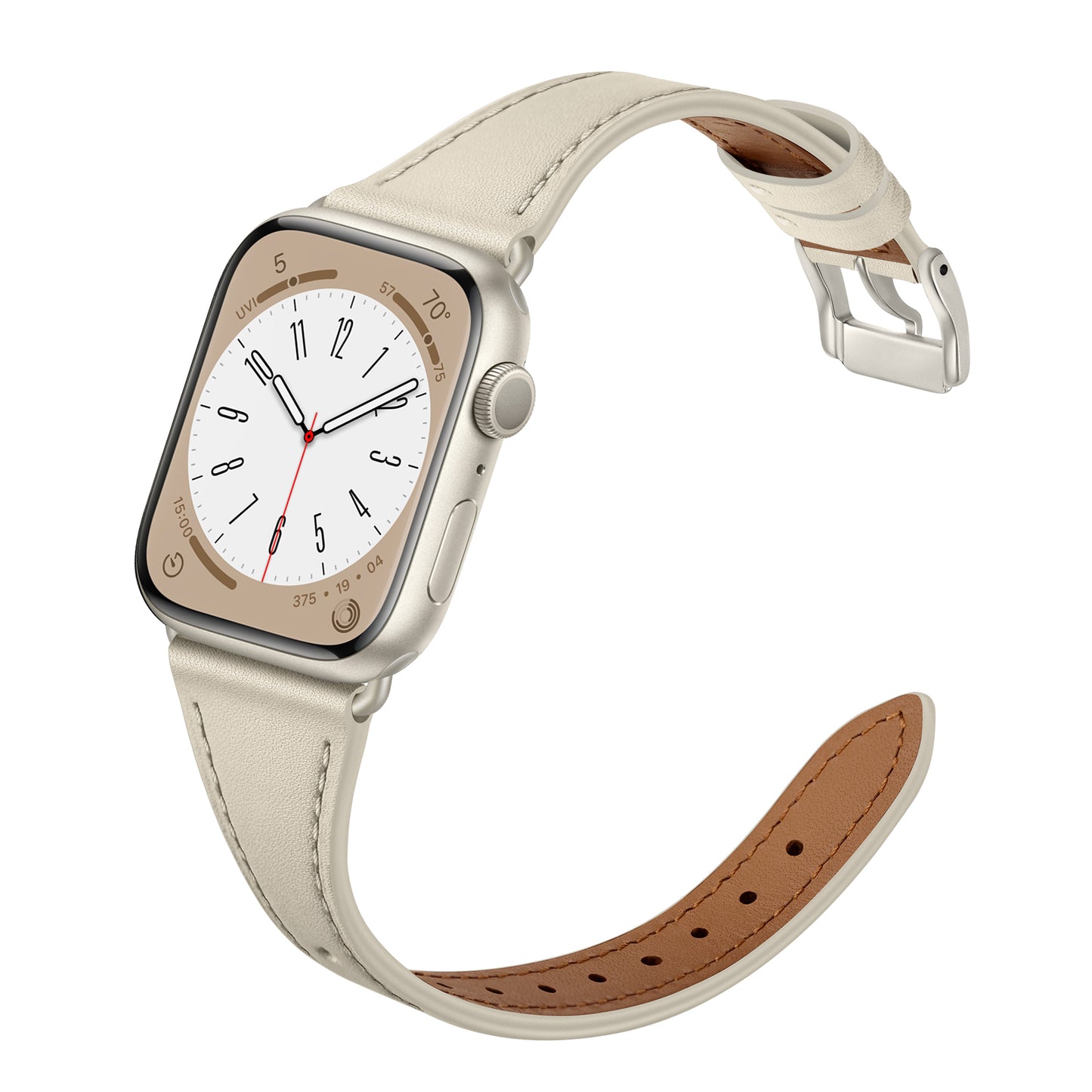Abgebildet ist eine silberne Smartwatch mit rechteckigem Analogdisplay mit dem Arktisband Apple Watch Lederarmband „Napoli“ in Beige und silberner Schließe, vor weißem Hintergrund für einen minimalistischen Stil.