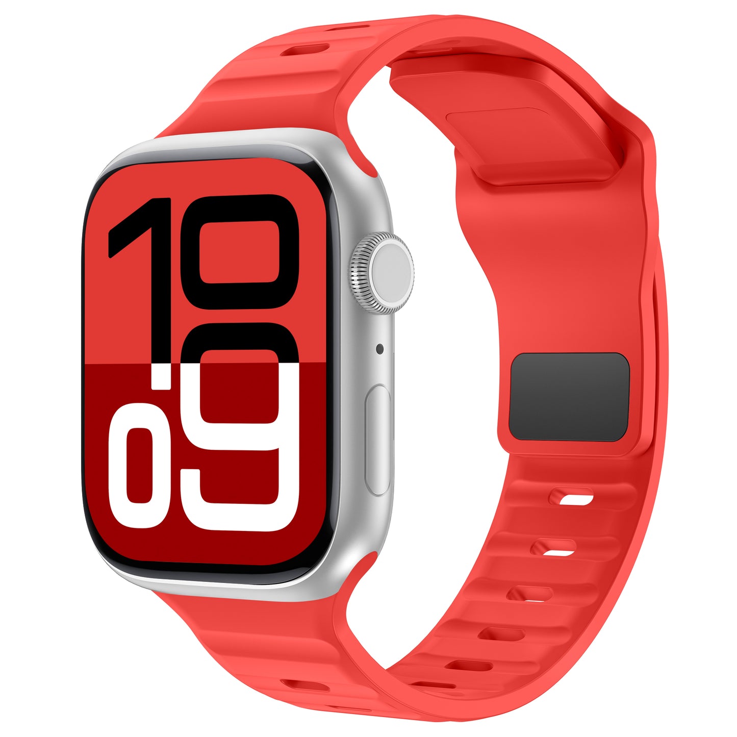 Das arktisband Apple Watch Silikonarmband „Active“ von arktisband in Rot verfügt über Belüftungslöcher für Atmungsaktivität und eine verstellbare Passform, hier gezeigt auf einer silbernen Smartwatch mit der Anzeige 10:09.