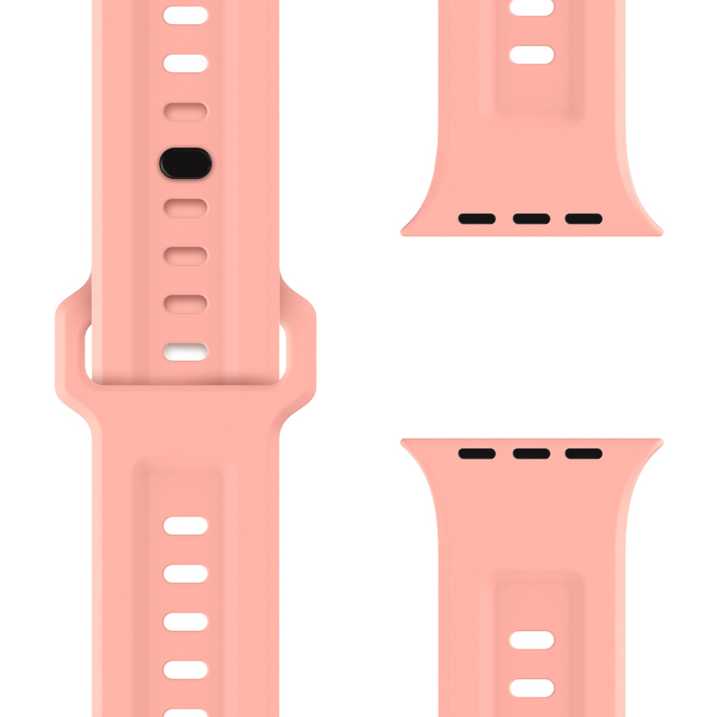 Nahaufnahme von drei arktisband Apple Watch FKM Sportarmband „Sweat“ in Hellrosa, mit strapazierfähigem und elastischem Fluorelastomer-Material, Verstelllöchern und sicheren Anschlüssen aus verschiedenen Blickwinkeln.