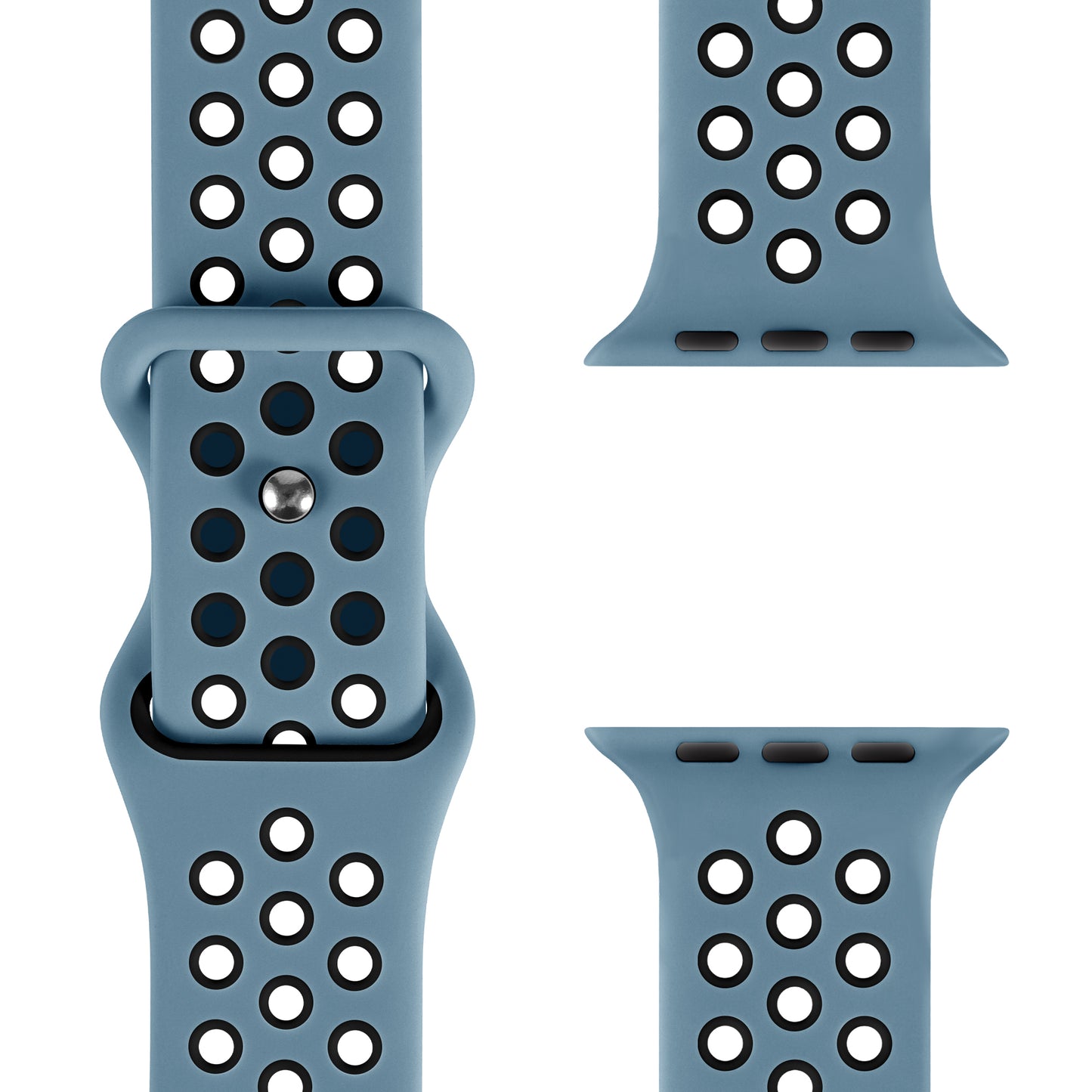 Das Künstlerband Apple Watch Silikonarmband „Energy“ in Hellblau mit schwarzen runden Perforationen ist von vorne und seitlich zu sehen. Ein Bandteil ist durch die Schnalle gezogen, zwei Enden liegen lose rechts – kompatibel mit Apple Watch.