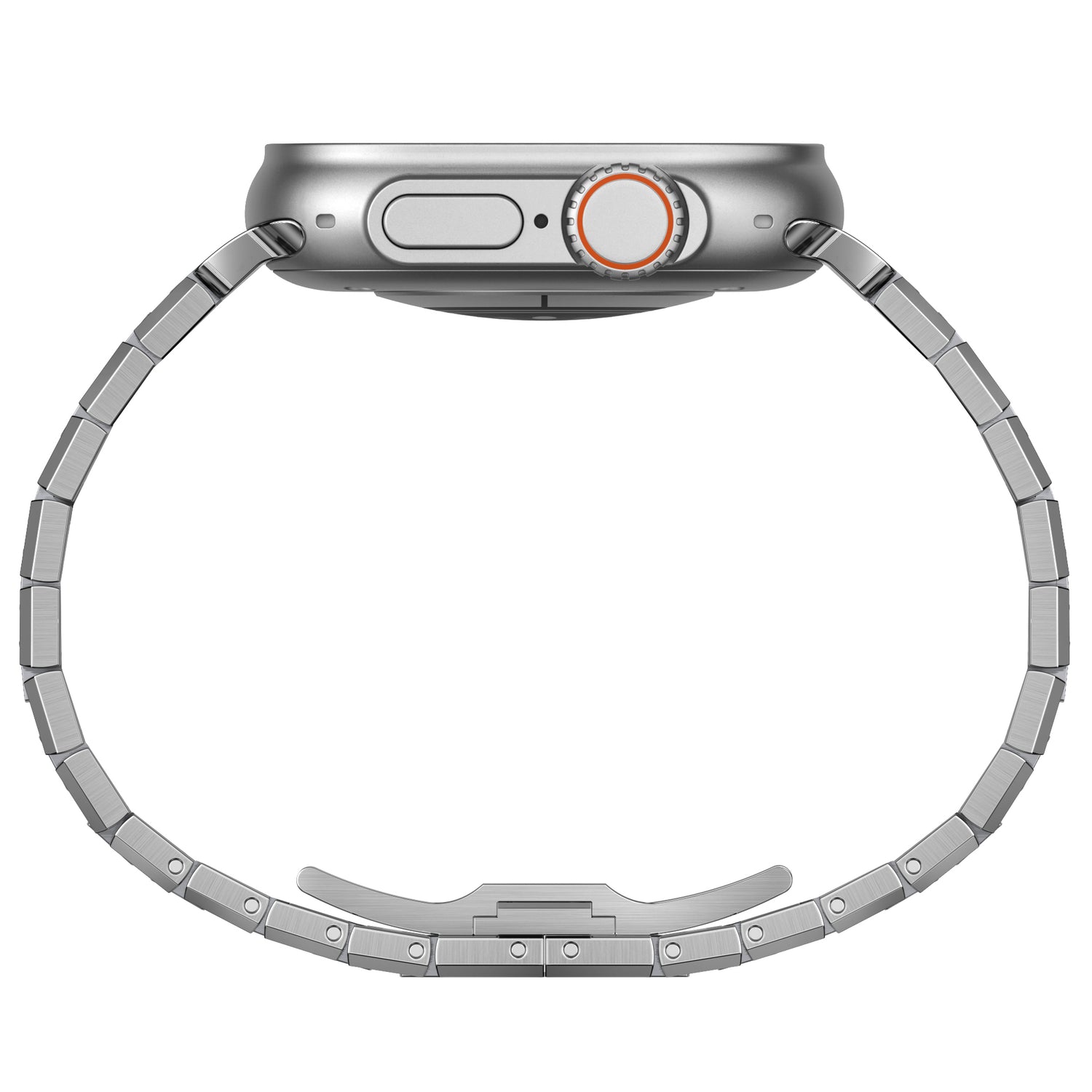 Seitenansicht einer silbernen Apple Watch mit dem arktisband Edelstahlarmband „Symphony“, mit Butterfly-Schließe und orangefarbenem Kronenknopf, gefertigt von arktisband aus 316L Chirurgenedelstahl.