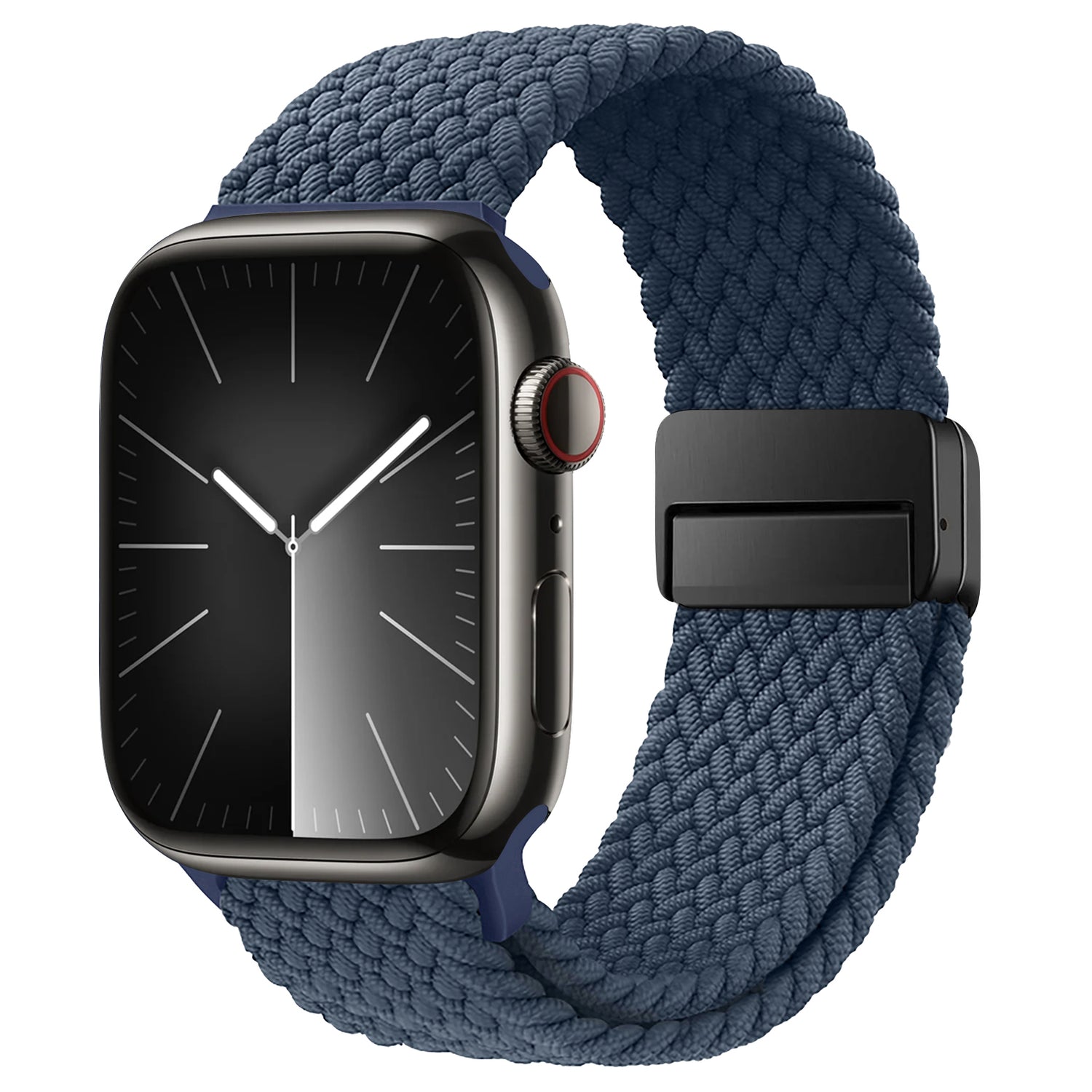 Eine elegante Apple Watch mit einem geflochtenen Armband „Casual“ von Arktisband in Marineblau mit Magnetverschluss.