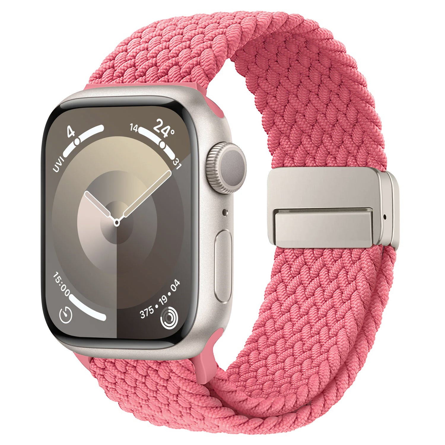 Das arktisband Geflochtene Apple Watch Armband „Casual“ mit Magnetverschluss in Pink passt zu einem silbernen Gehäuse mit analogem Zifferblatt.
