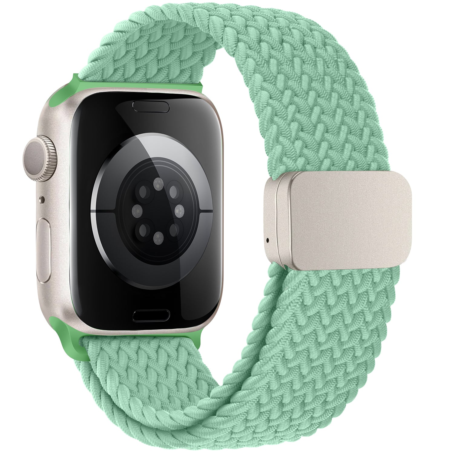 Eine Apple Watch mit einem Arktisband geflochtenen „Casual“-Armband in Mintgrün und einem silbernen Gehäuse, von der Rückseite abgebildet.