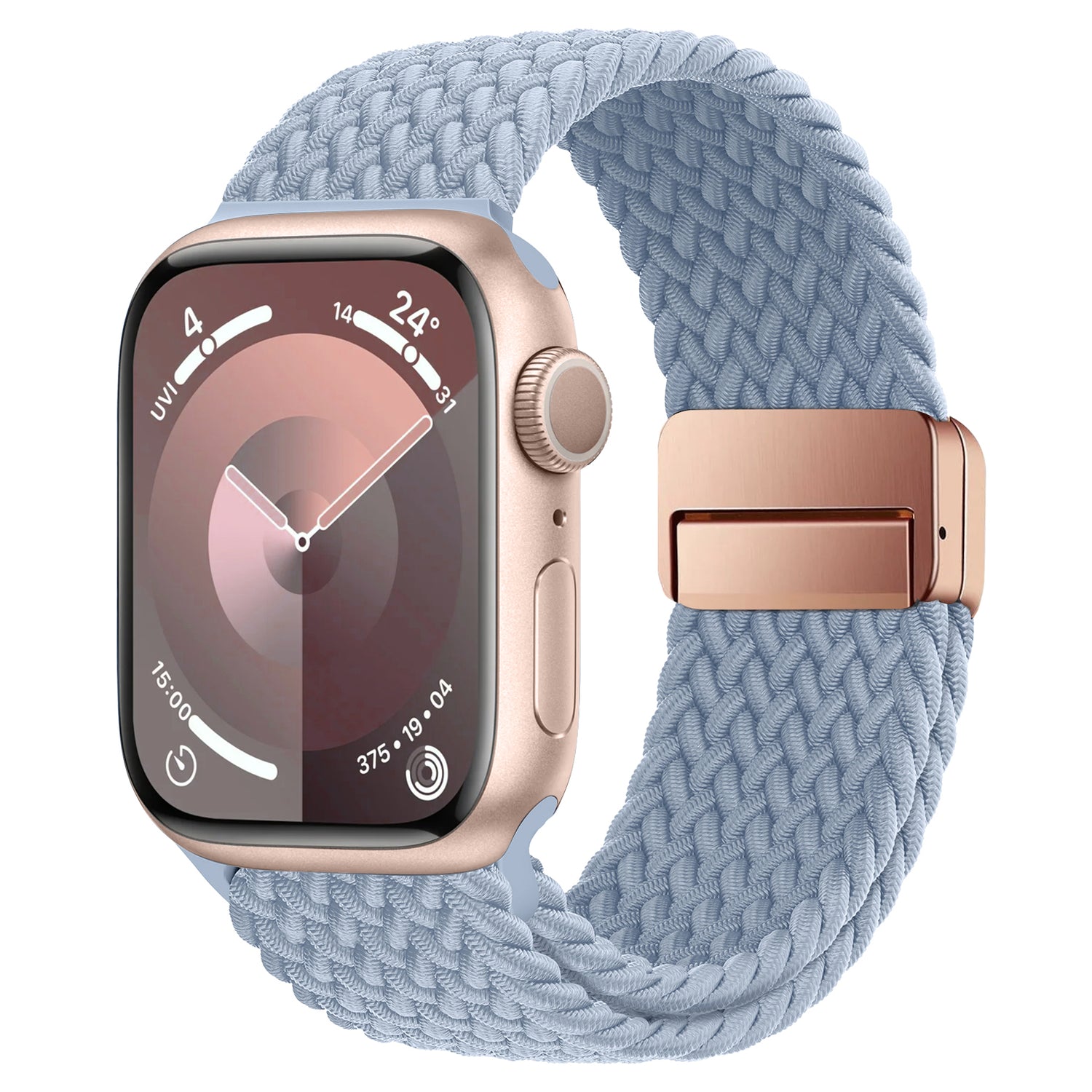 Eine goldene Apple Watch gepaart mit dem arktisband Geflochtenen Apple Watch Armband „Casual“ in Hellblau, mit praktischem Magnetverschluss und einer modernen kreisförmigen Benutzeroberfläche auf dem Bildschirm.