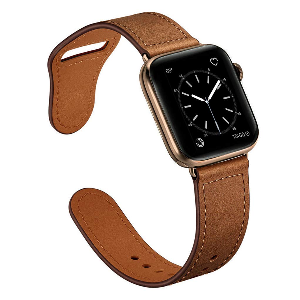 Das arktisband Apple Watch Lederarmband „Novus“ aus braunem Leder passt zu einer Apple Watch mit Goldrahmen und rechteckigem schwarzem Analogdisplay und verbindet minimalistischen Stil mit maximalem Komfort von arktisband.