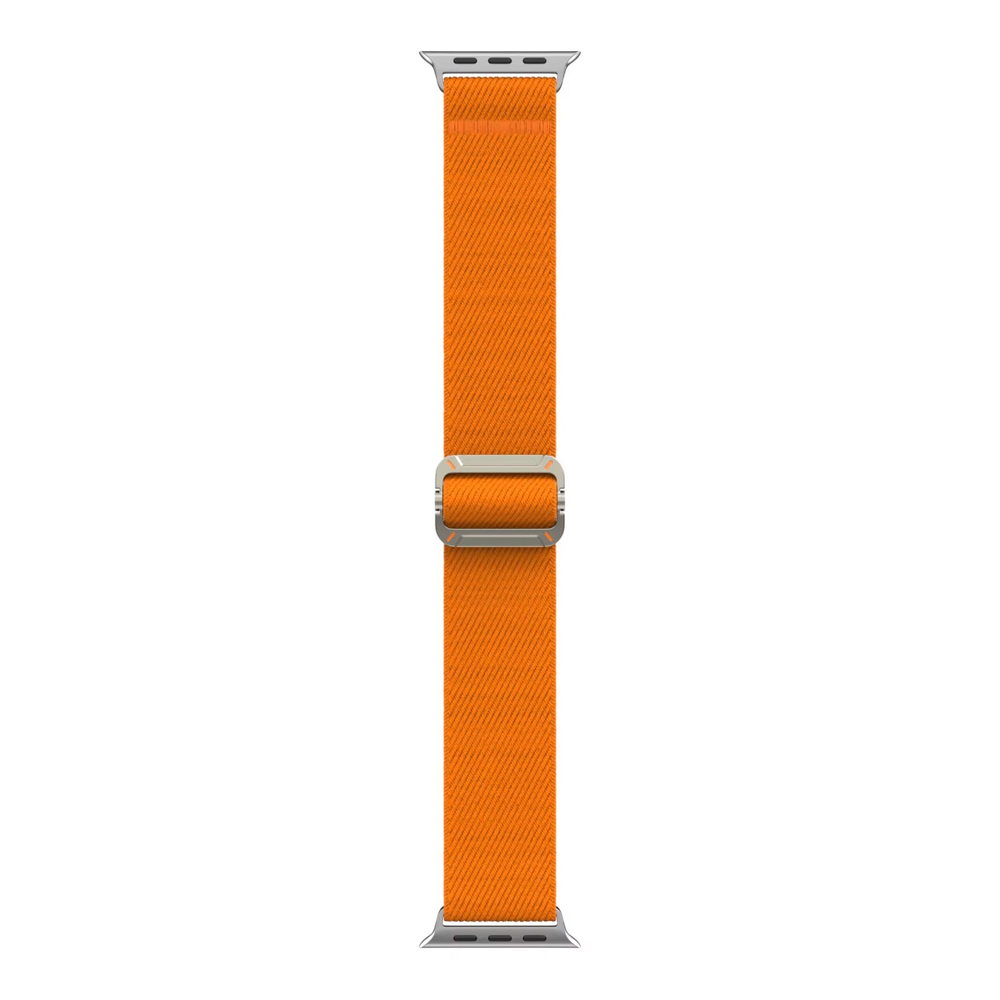 Das arktisband Apple Watch Nylonarmband "FlexOne" in leuchtendem Orange von arktisband, kompatibel mit Apple Watch, verfügt über silberne Anschlüsse und ist vertikal auf weißem Hintergrund abgebildet.
