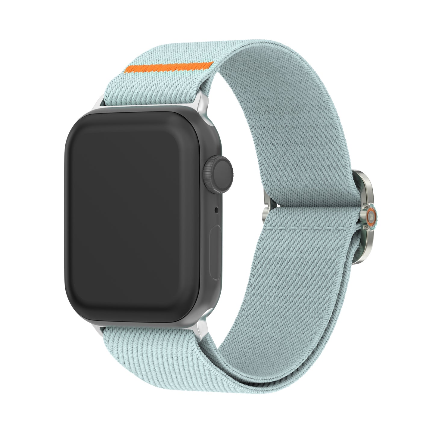 Eine arktisband Apple Watch mit leerem Bildschirm, auf dem das arktisband Nylonarmband "FlexOne" in Hellblau schräg auf weißem Hintergrund zu sehen ist.