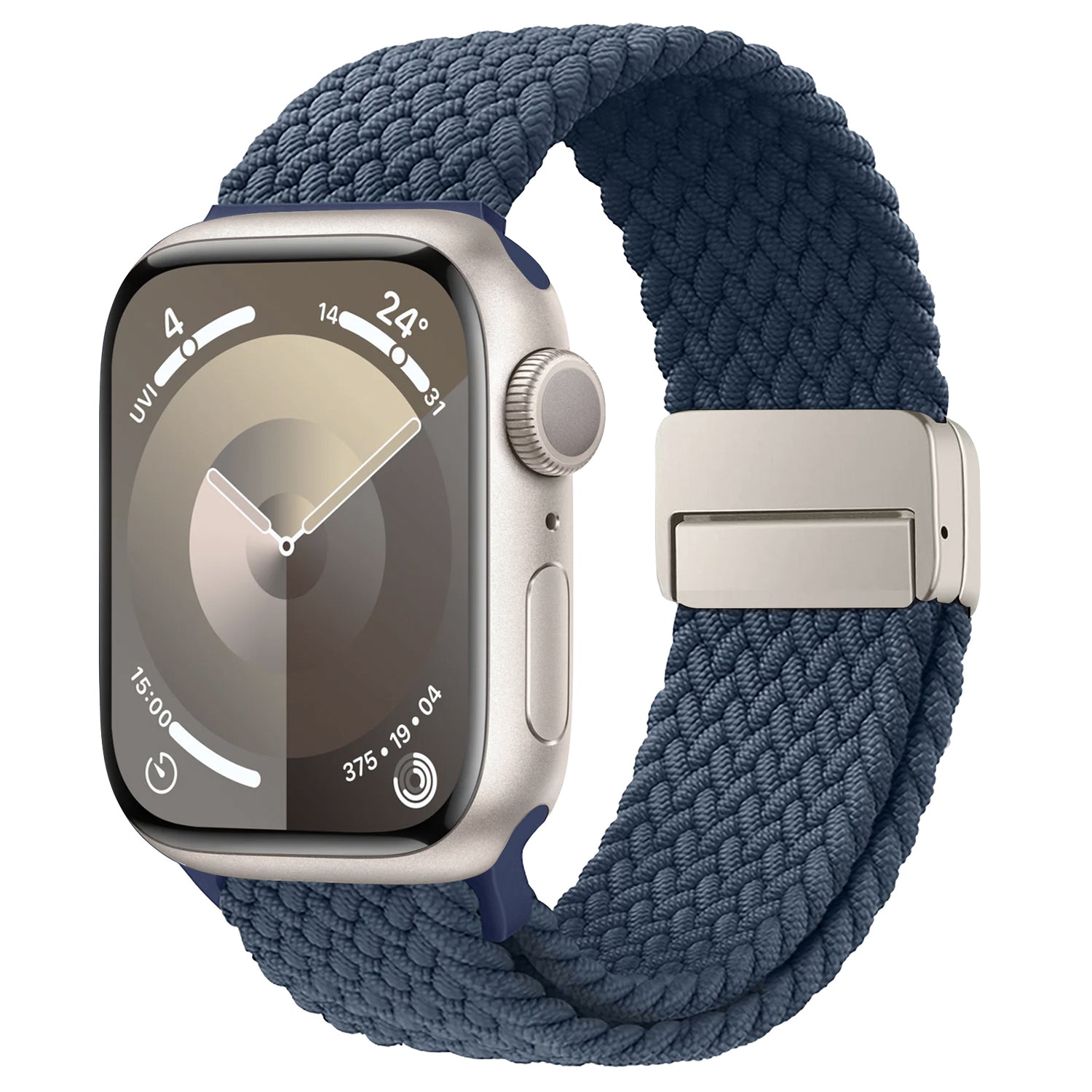 Das geflochtene Apple Watch Armband „Casual“ von arktisband verfügt über ein geflochtenes marineblaues Design und einen sicheren Magnetverschluss, perfekt für die Anzeige von Uhrzeit und Wetter auf Ihrer Smartwatch.