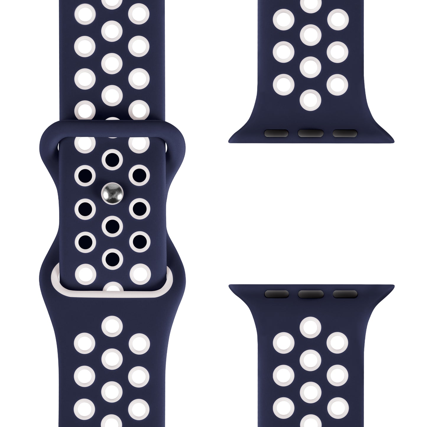 Nahaufnahme des dunkelblauen arktisband Apple Watch Silikonarmbands „Energy“ von arktisband mit mehreren Reihen weißer kreisförmiger Perforationen und aus verschiedenen Winkeln gezeigt, einschließlich der Schnalle und Adapter – kompatibel mit der Apple Watch.