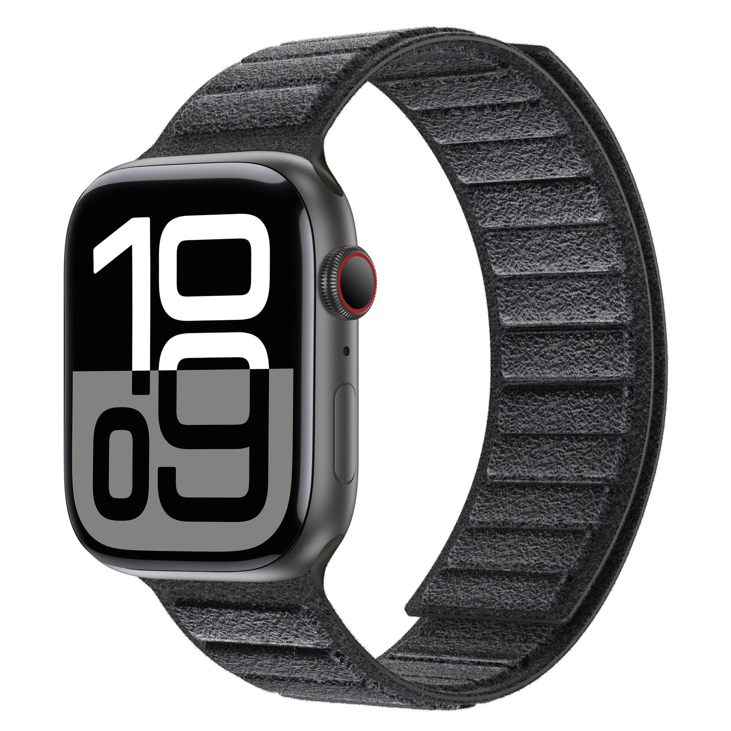 Das arktisband Apple Watch Magnetband von arktisband aus schwarzem Alcantara-Material, hergestellt in Italien, steht auf einem weißen Hintergrund.