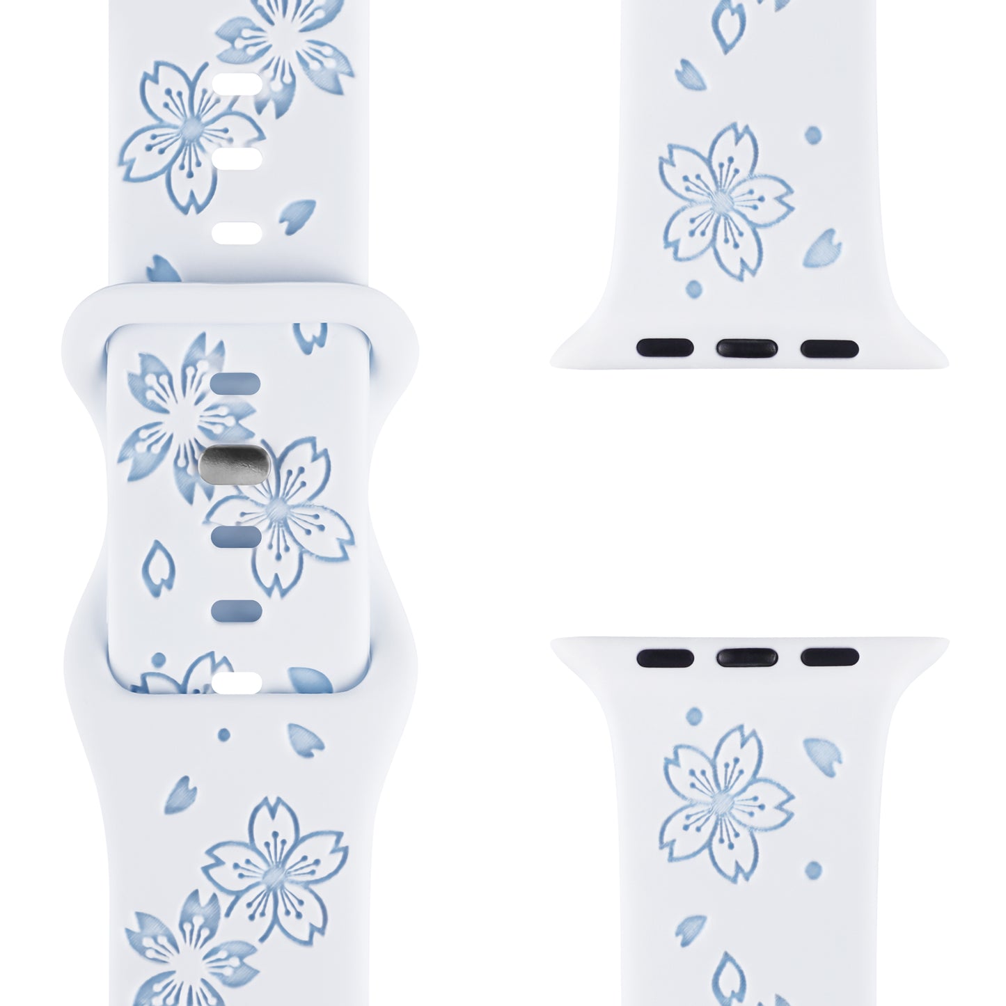 Das arktisband Apple Watch Armband „Flores“ ist ein weißes Silikonarmband mit einem hellblauen Kirschblüten-Blumenmuster, das aus verschiedenen Winkeln gezeigt wird, um die Schnalle, die Löcher und das stilvolle Design hervorzuheben.