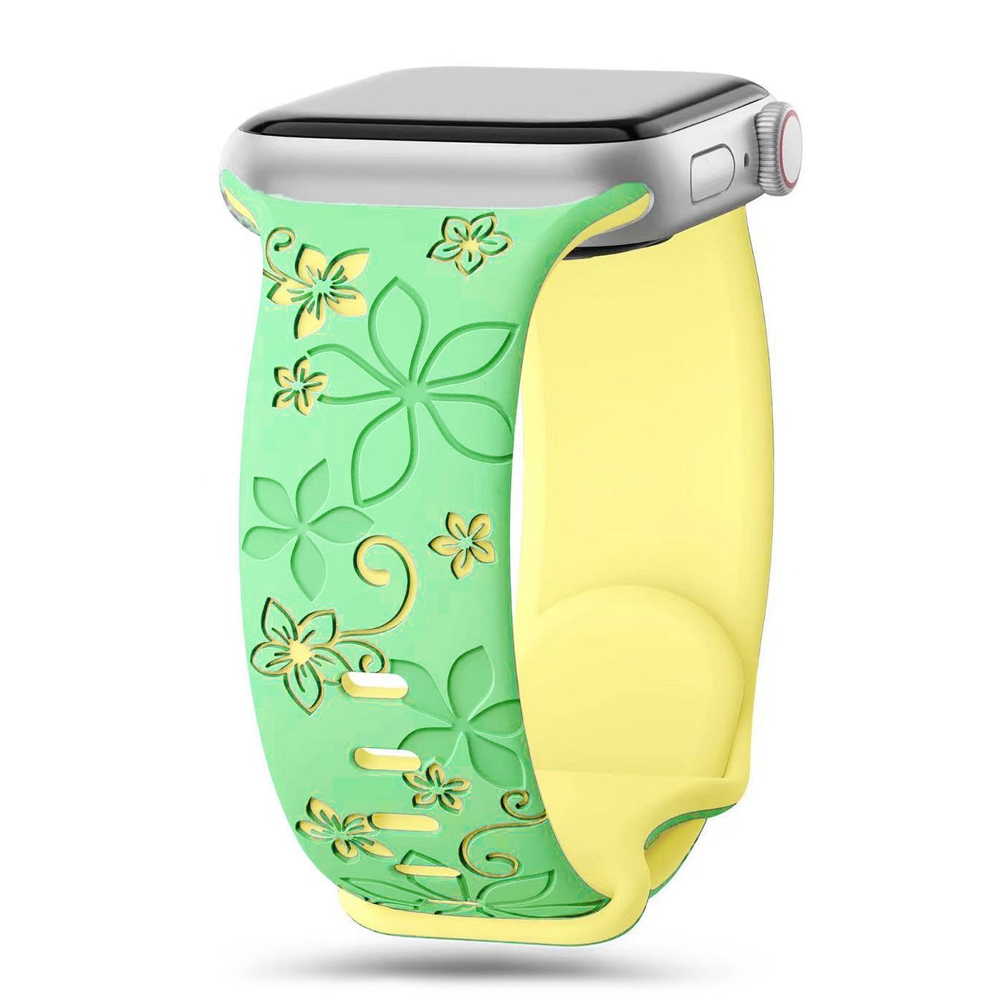 Das arktisband Apple Watch Silikonarmband "Bloom" hat ein grünes und gelbes Blumenmuster und ist mit der Apple Watch kompatibel.
