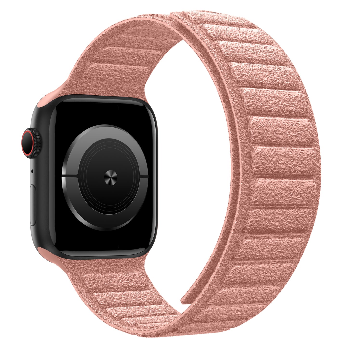 Das arktisband Apple Watch magnetisches Armband aus Alcantara von arktisband verfügt über ein strukturiertes, rosafarbenes Alcantara-Band, einen schwarzen Smartwatch-Bildschirm und wird in Italien hergestellt, abgebildet auf einem weißen Hintergrund.
