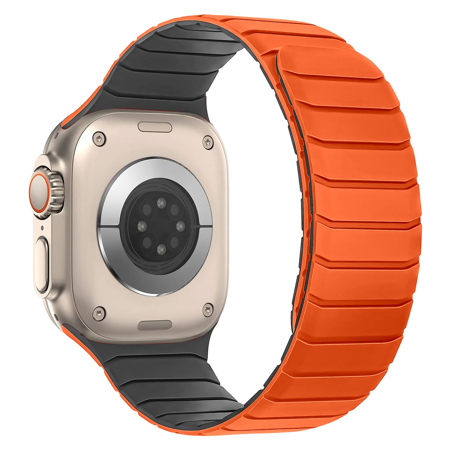 Eine Nahaufnahme des magnetischen Armbands „MagFlow“ für die Apple Watch von arktisband mit einem Metallgehäuse und einem orange-schwarzen segmentierten Silikonband, von der Rückseite mit Anzeigesensoren, Banddesign und Magnetverschluss gezeigt.