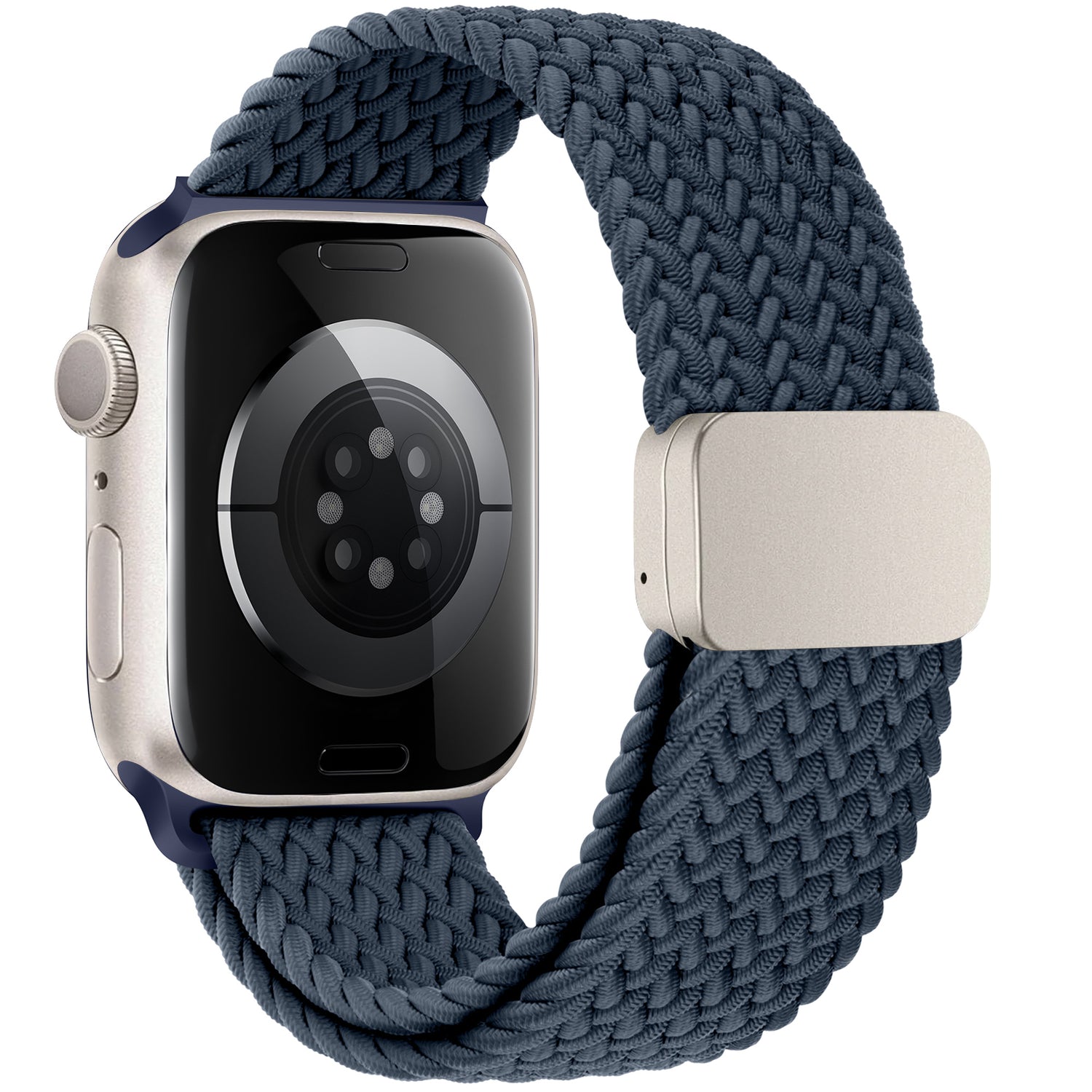 Das arktisband Geflochtene Apple Watch Armband "Casual" in Dunkelblau mit Magnetverschluss wird von der Rückseite mit silbernem Gehäuse gezeigt.