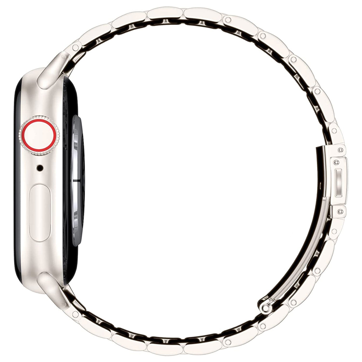 Seitenansicht des arktisband Apple Watch Gliederarmbands „Arctica“ von arktisband, mit einem Metallgehäuse, einer runden Krone mit roten Akzenten, einem seitlichen Knopf und einem Edelstahlarmband, das einen nahezu perfekten Kreis bildet.