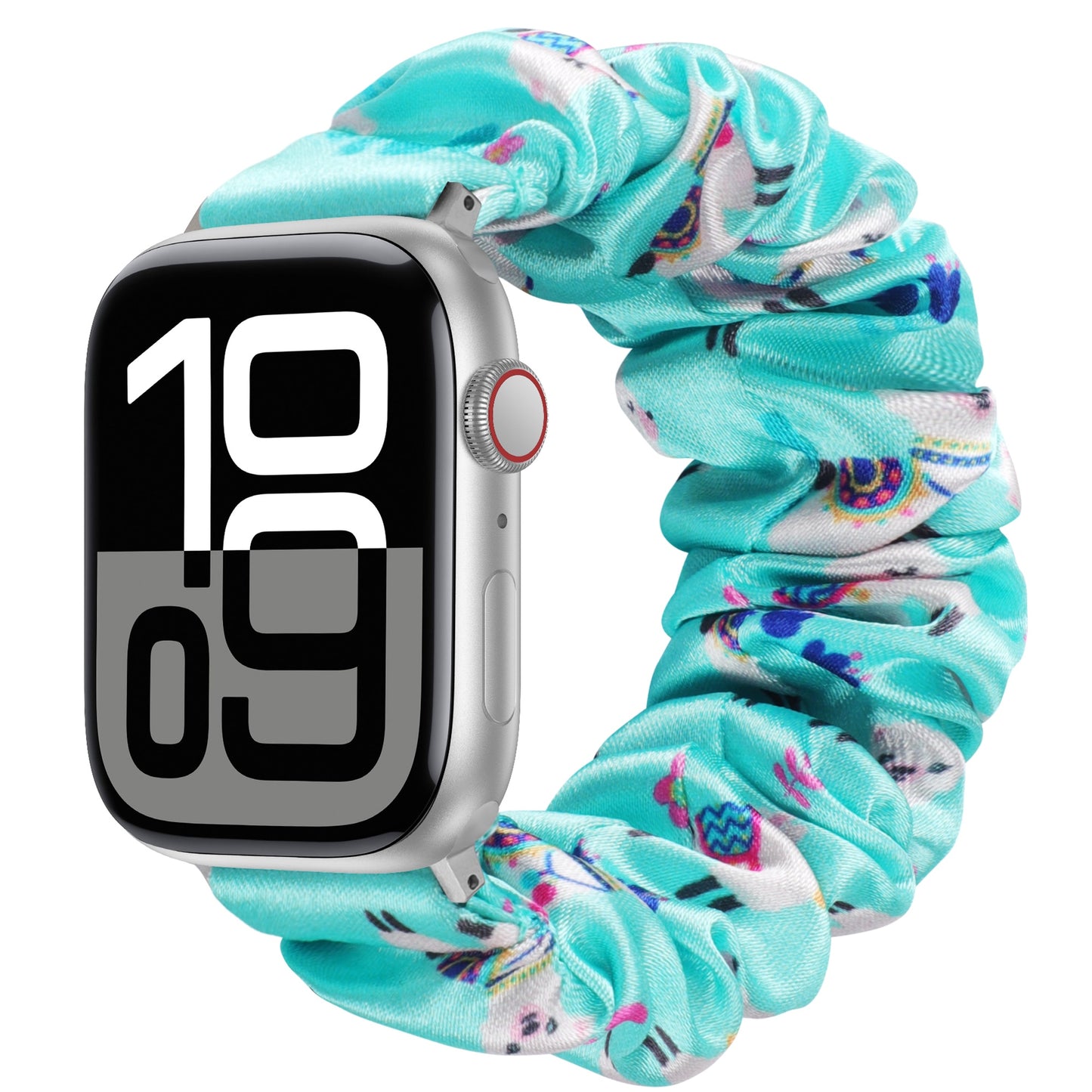 Das arktisband Apple Watch Scrunchie Armband "Elanora" hat ein türkisfarbenes, elastisches Band mit einem niedlichen Lamamuster - ein stilvoller Komfort für Ihr Handgelenk.