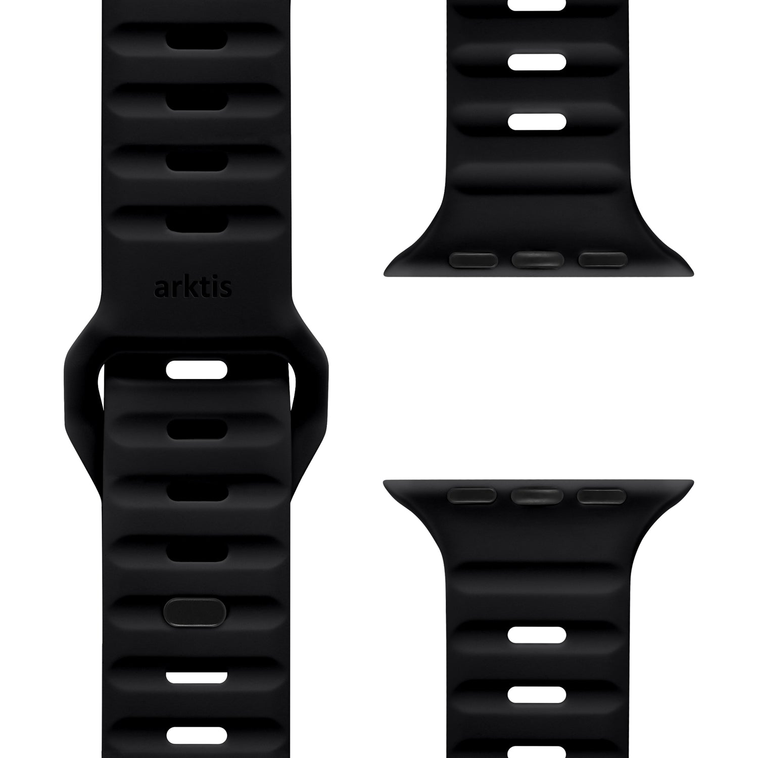 Das arktisband Apple Watch Silikonarmband "Active" in Schwarz besticht durch sein geripptes, atmungsaktives Design mit verstellbaren Löchern. Vorder- und Rückseite zeigen den Verschluss, die Anschlussenden und das arktisband-Logo auf dem Sportarmband.