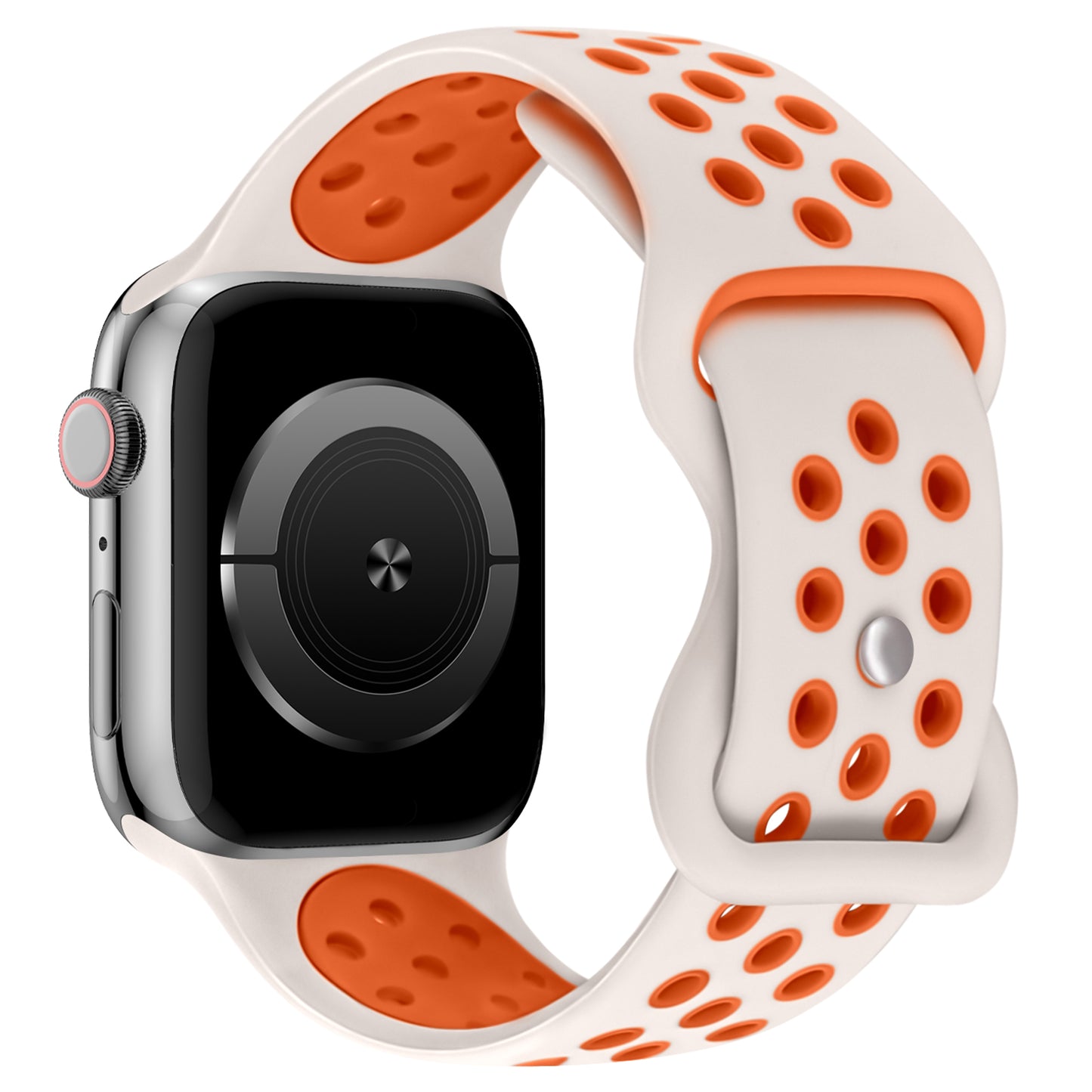 Das arktisband Apple Watch Silikonarmband "Energy" von arktisband verfügt über ein weißes Band mit orangefarbenen Löchern und Akzenten. Es passt zu einer Smartwatch mit schwarzem Display, rechteckigem Zifferblatt und rundem Zifferblatt und ist mit der Apple Watch kompatibel.