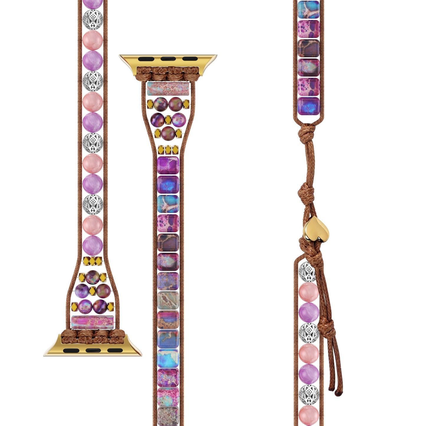 Das arktisband Apple Watch Armband "Dream Catcher" verfügt über bunte Steine, goldene Edelstahladapter, eine braune verstellbare Kordel und einen Herzanhänger für einen einzigartigen Boho-Look.
