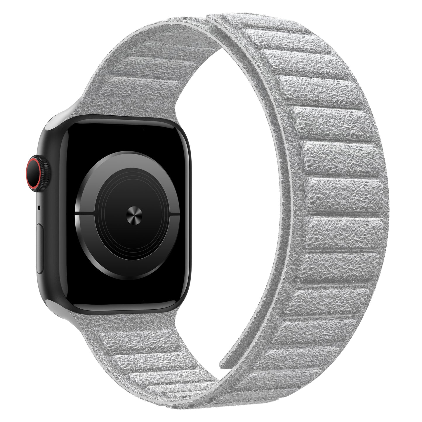 Das arktisband Apple Watch magnetisches Armband aus Alcantara ist ein schwarzes Smartwatch-Band mit unbedrucktem Bildschirm und einem strukturierten hellgrauen Alcantara-Band und bietet erstklassigen Stil und Komfort von arktisband.