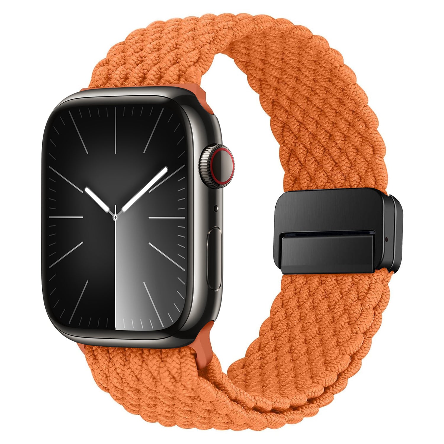 Ein stilvolles, von Arktisband geflochtenes Apple Watch-Armband „Casual“ mit Magnetverschluss passt perfekt zu Ihrer Apple Watch und verfügt über ein orangefarbenes geflochtenes Band und ein elegantes schwarzes Zifferblatt.