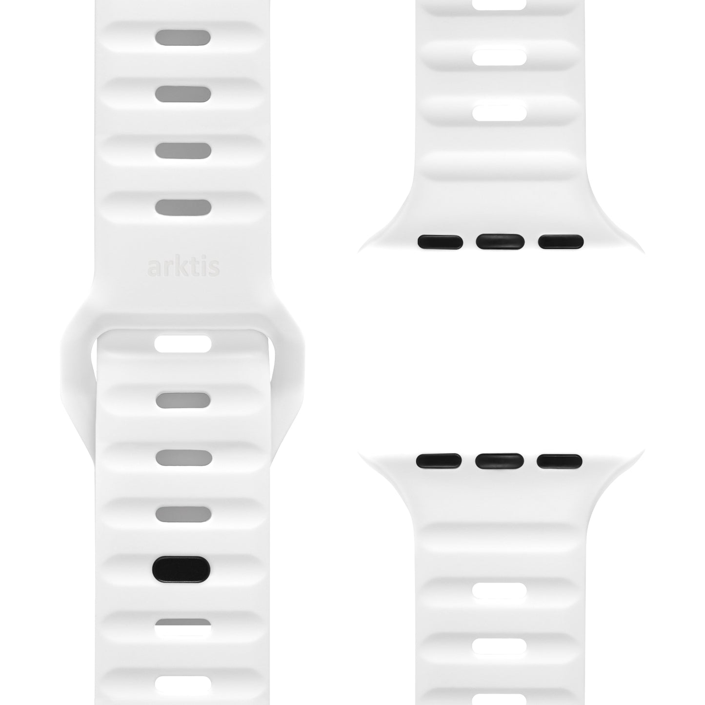 Nahaufnahme des arktisband Apple Watch Silikonarmbands "Active" in Weiß mit rechteckigen Löchern und atmungsaktivem Design. Aus verschiedenen Perspektiven mit sichtbaren Anschlüssen, Verschluss und geprägtem arktisband-Logo – ideal als Armband für die Apple Watch.