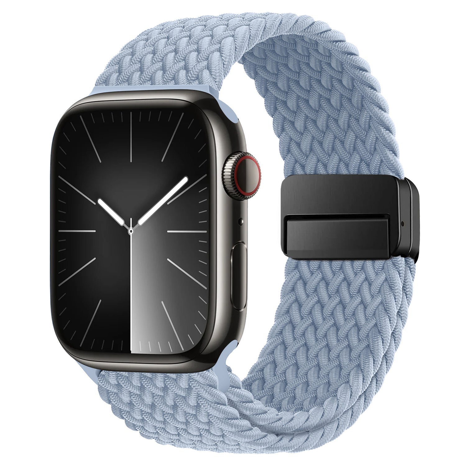 Das arktisband Geflochtene Apple Watch Armband "Casual" mit Magnetverschluss in Hellblau wird auf einer Smartwatch mit großem Display vor weißem Hintergrund angezeigt.