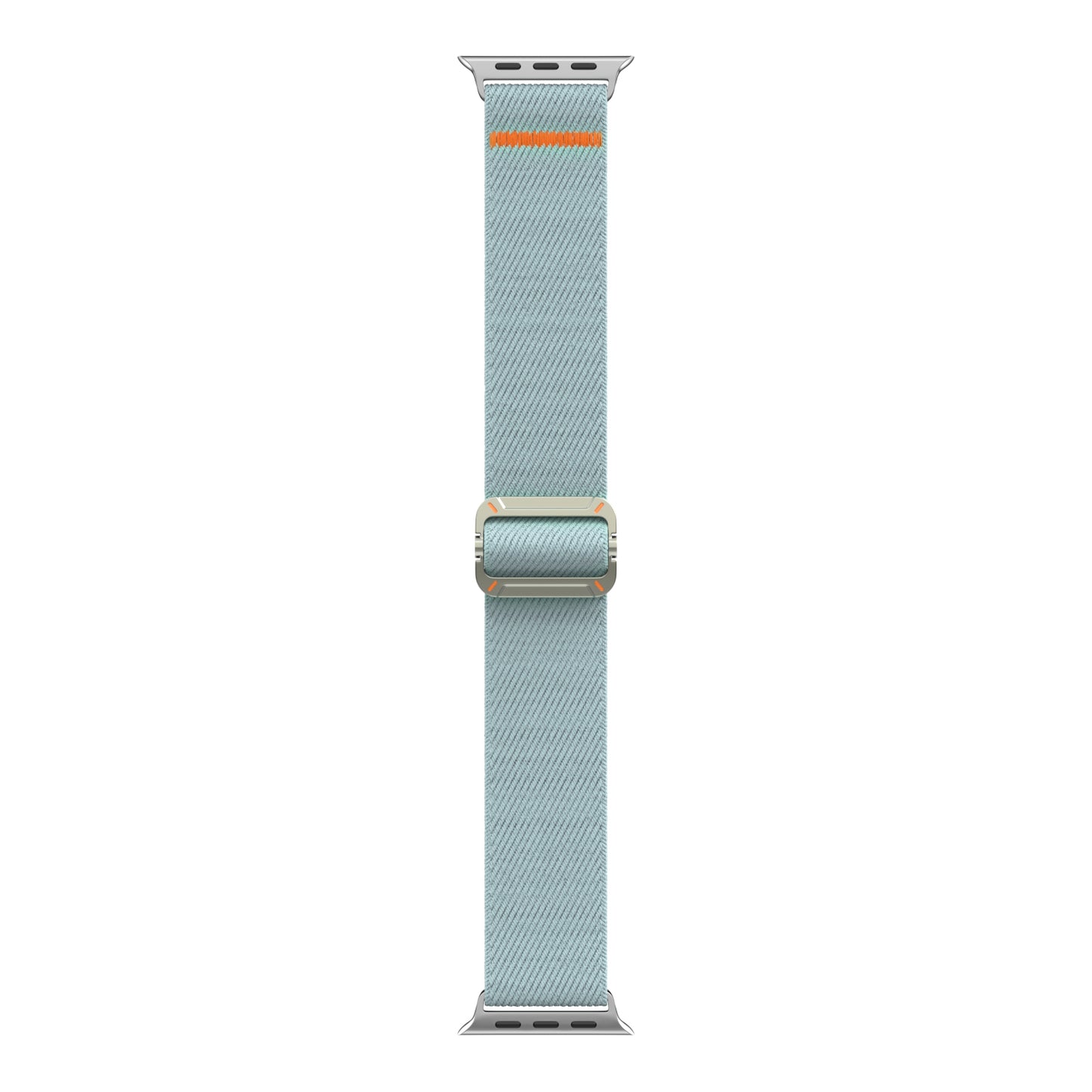 Das arktisband Apple Watch Nylonarmband "FlexOne" ist ein hellblaues Stretch-Nylonband mit silbernen Anschlüssen und einem orangefarbenen Akzent, abgebildet auf einem weißen Hintergrund.