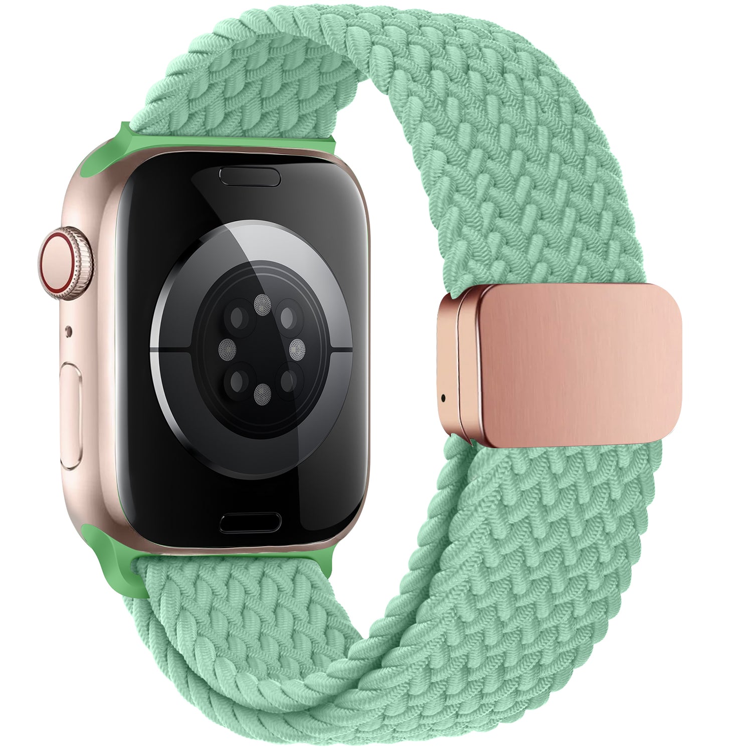 Apple Watch mit goldenem Gehäuse und Armband. Geflochtenes Apple Watch Armband „Casual“ in Mintgrün mit Magnetverschluss, von der Rückseite abgebildet.