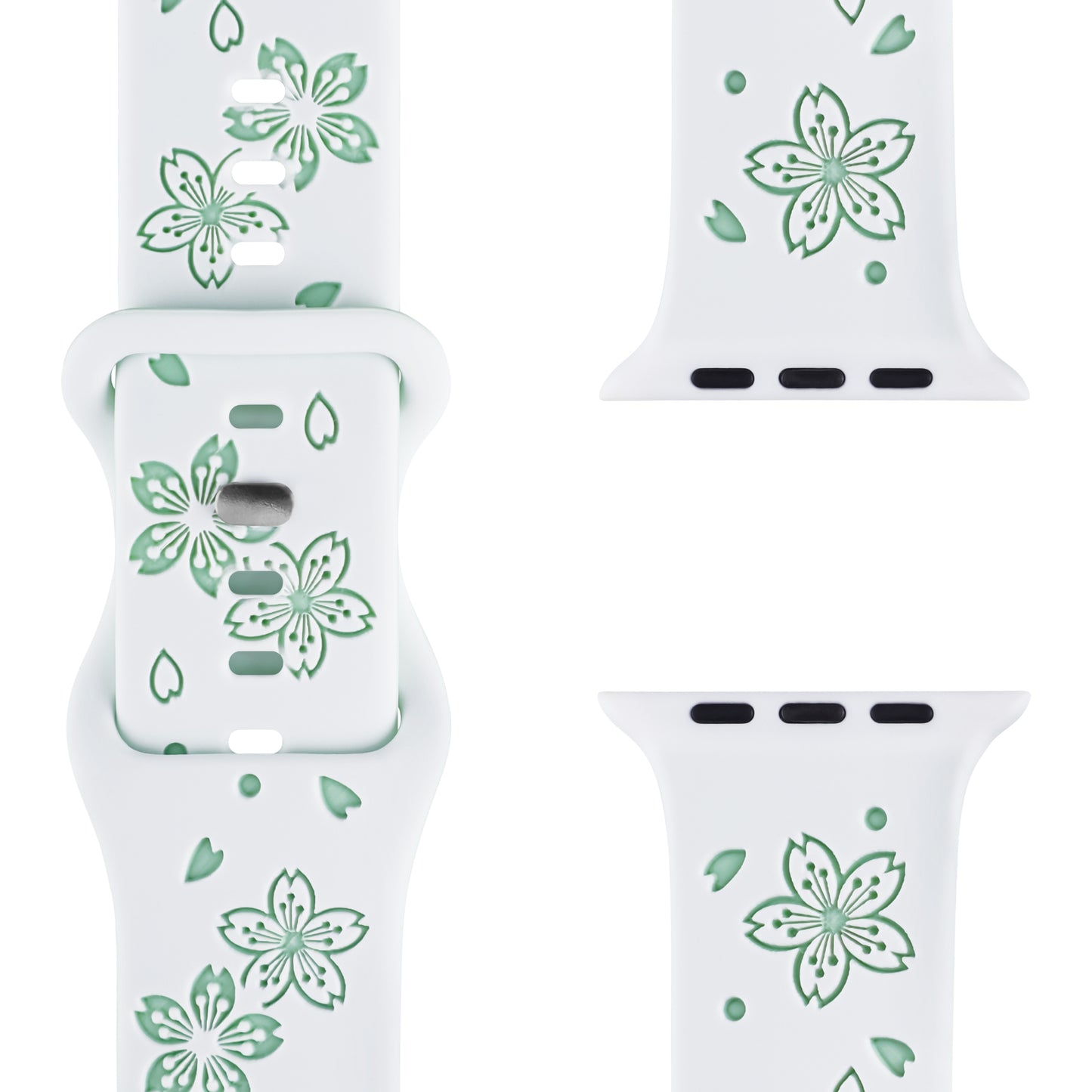 Das arktisband Apple Watch Armband "Flores" ist ein weißes Silikonarmband mit grünem Blumenmuster und Blattmotiven. Bilder zeigen die detaillierten Muster, den sicheren Verschlussmechanismus und das Armband aus verschiedenen Perspektiven. Marke: arktisband.