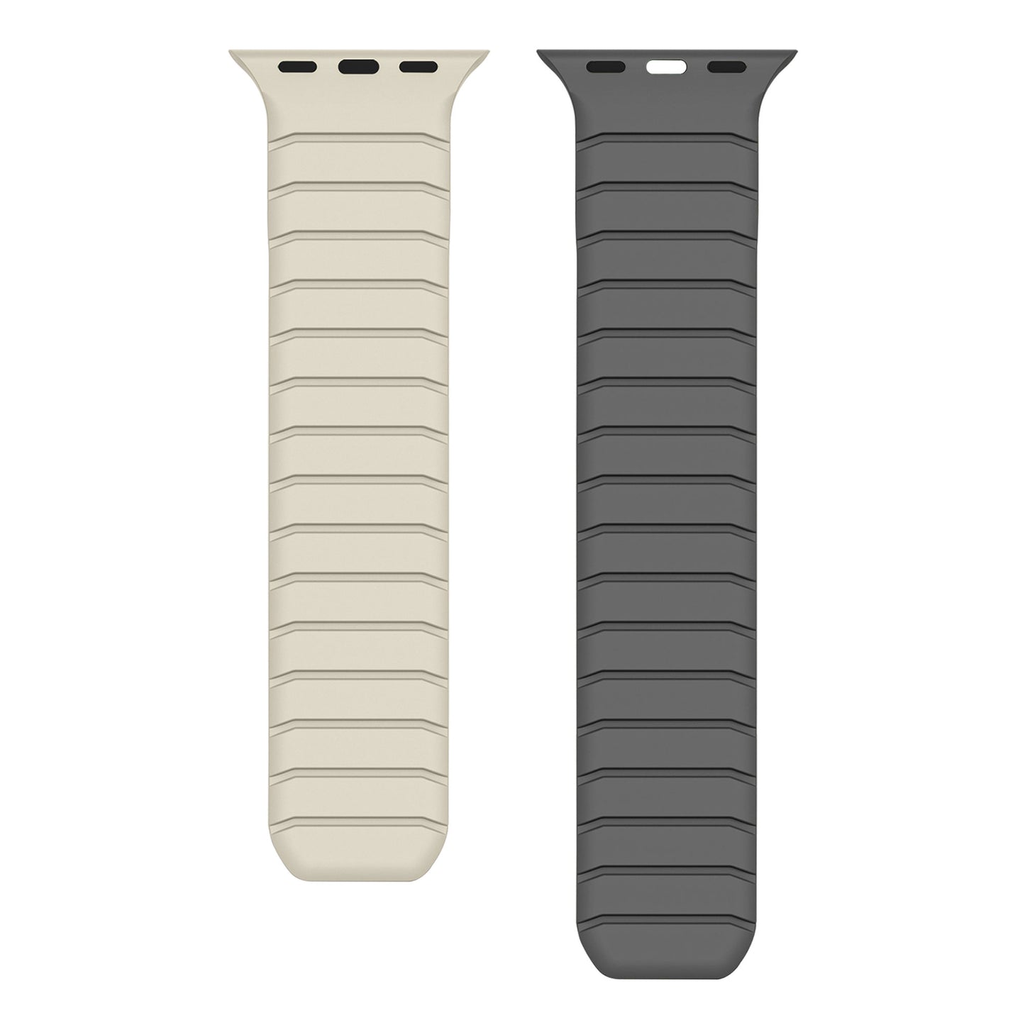 Zwei Armbänder der Apple Watch MagFlow aus Silikon, eines in Beige, das andere in Dunkelgrau, mit magnetischem Verschluss nebeneinander vor weißem Hintergrund.