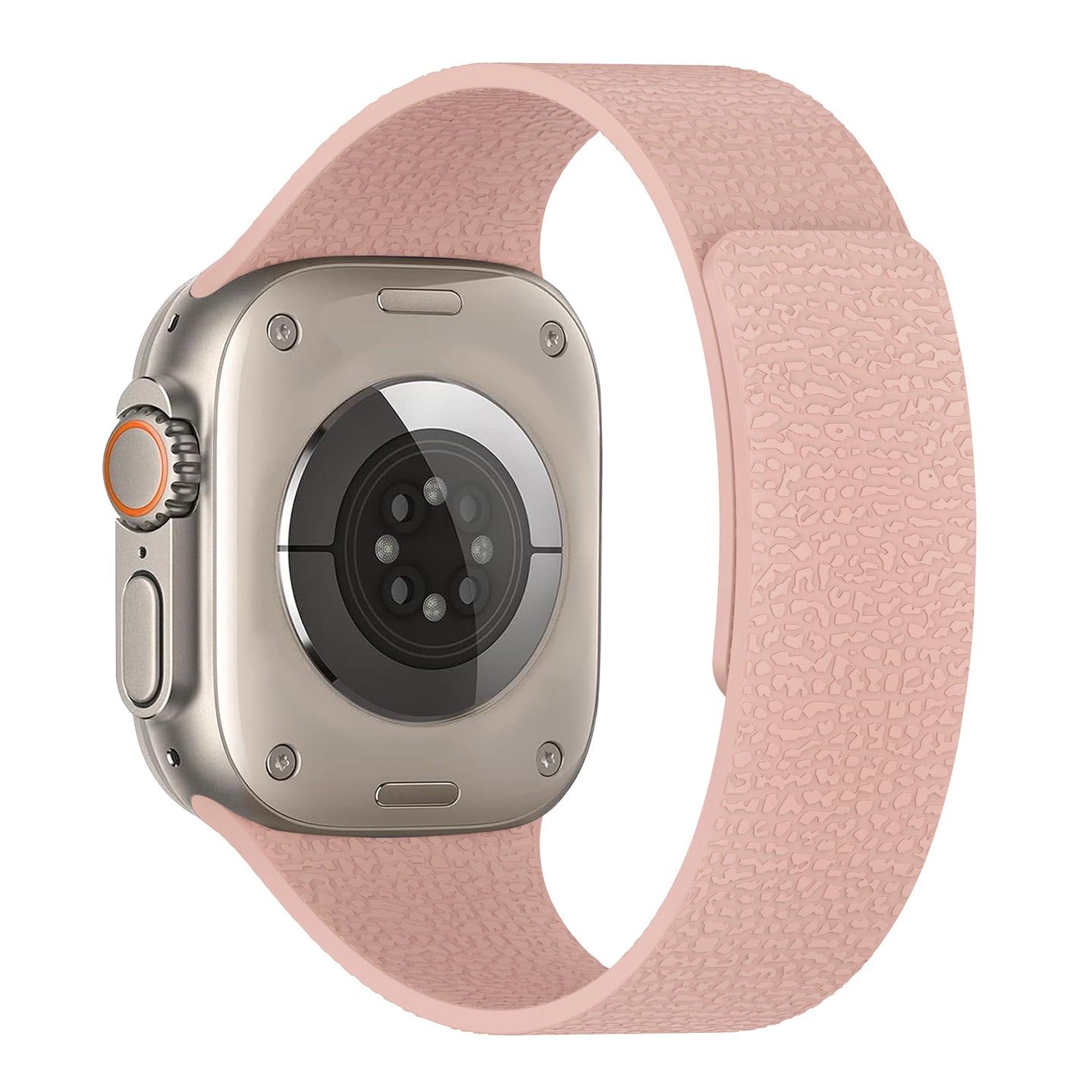 Das Arktisband Apple Watch magnetisches Silikonarmband "Flexy" in blassrosa, gepaart mit einem beigen Gehäuse, verfügt über einen praktischen Magnetverschluss und ist von hinten auf einem weißen Hintergrund abgebildet.