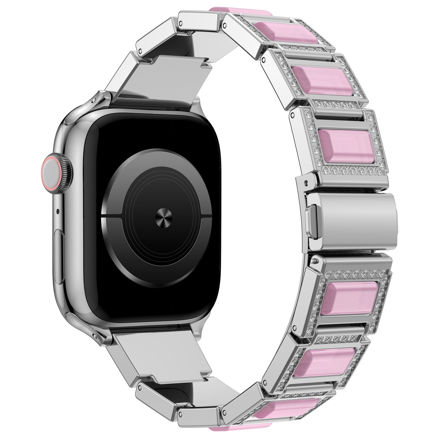 Das arktisband Apple Watch Gliederarmband „Senorita“ ist ein silbernes Smartwatch-Armband mit einem Edelstahlarmband, akzentuiert durch abwechselnd rosa Kunstharz-Mittelstücke und klare Strasssteine-Besetzung.