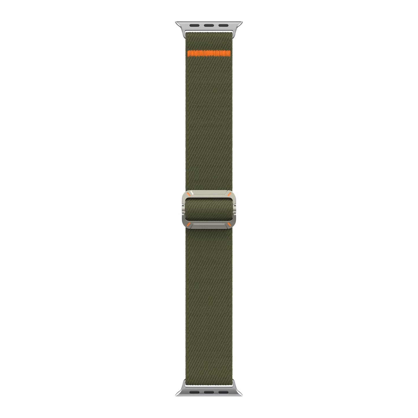 Das arktisband Apple Watch Nylonarmband "FlexOne" ist ein grünes Stretch-Nylonband mit einer silbernen Schnalle und einem orangefarbenen Streifen am oberen Rand.